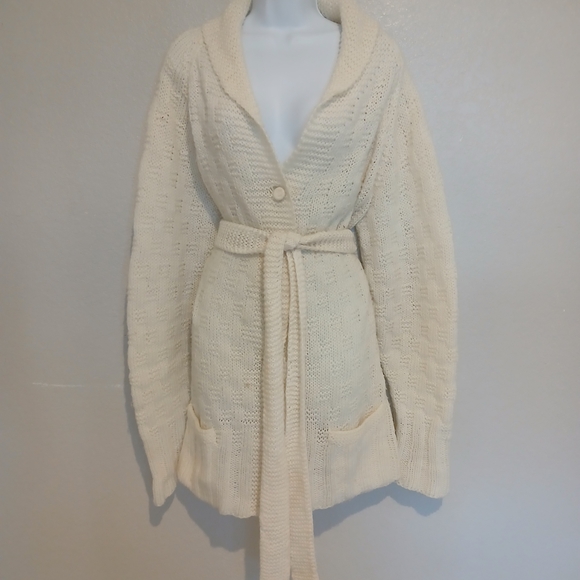 Sweaters - Cozy Ivory Cream Belted Crochet Knit Long Cardigan Dustet Sweater Size XL